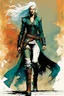 Placeholder: create an imaginative full body print illustration of an ethereal, otherworldly , ghost haired, elven female grandmaster Witcher in a tattered battle worn leather doublet and boots , in the comic book art style of Bill Sienkiewicz, Mike Mignola, and Jean Giraud Moebius, with highly detailed feminine facial features , finely drawn, colored and inked,