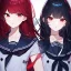 Placeholder: Clear focus, High resolution, long black fluffy hair, red eyes, chopped bangs, wearing a sailor uniform, wearing a sailor skirt, colorful, hollywood, female, human, mortal, thin legs, no outlines, extreme close up