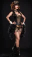 Placeholder: Full Body photo of a steampunk burlesque Woman With A Bob and a Fringe Hairstyle, Black Background