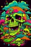 Placeholder: Psychedelic monkey skull looking high and grinning, surrounded by clouds and overgrown with psychedelic mushrooms. Birds flying around the skull. Digital drawing. Colorful. t-shirt design. Cartoon. Digital cartoon. Mid detailed. Super happy. Cheerful. Light hearted. Colorful. Vibrant colours.