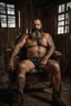 Placeholder: full figure shot photography of a 43-year-old turkish heavyset tattoo very hairy sweaty worker sitting spread-legged in an old armchair inside a construction site shed, dressed in shorts, shirtless, stubble, big manly legs, serious eyes, midnight, dim neon lights illuminating and shine on the beards of sweat that fill his large chest, photorealistic , ambient occlusion