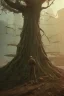 Placeholder: Cyberpunk theme, Oak tree roots holding man inside, misty sunny day, close-up portrait,