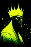 Placeholder: Hastur- the king in yellow, profile picture, face peering off to the side, he is wearing a yellow shining crown , the crown is minimalistic and ruggedly forged, his face is behind a grotesque mask, a dimly lit ghostly light shines behind him, the background is a dark void, immaculate chiaroscuro dot shading,