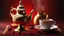 Placeholder: Arabian coffee with golden dallah on a dark red background, still life of Arabic traditional coffee pot or Dallah of ramadan served with saudi sweet dates, beautiful intricate insanely detailed octane render, bokeh, trending on artstation, soft natural volumetric cinematic perfect light, chiaroscuro, award-winning photograph, masterpiece, 8k artistic photography, photorealistic concept art