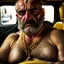 Placeholder: full body shot photography of an Italian sicilian taxi driver burly ugly sitting in the taxi, chubby tired 55 years old driving shirtless, bullneck, thin gold chains, short beard, sweat, short hair, bulge, robust, manly chest, looking down, big shoulders,, photorealistic, side light, ambient occlusion, tired eyes. 35mm lens, internal view inside the Taxi