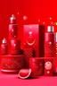 Placeholder: Please translate: Designing a set of cosmetic packaging for hair, hand, face, and foot creams with a holiday theme, featuring a red sky pattern with stars, Christmas trees, lollipops, and Santas, all with the inscription LUMINA. Arranged in an aesthetic way suitable for posting on Instagram."