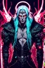 Placeholder: male, cyberpunk, glowing implants, glowing turquoise runes, nordic runes, angel, four eyes, glowing red eyes, black metal skull, elf ears, black mantle, runic crown, vampire fangs, white hair, long hair, emotion of rage, hard-edge style, neon lights,highly detailed, high details, detailed portrait, masterpiece,ultra detailed, ultra quality