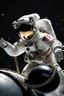 Placeholder: close side view of An astronaut sitting on a large steel ball.floating in the air, wide legs, holding on to the chain