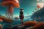 Placeholder: woman standing on the shores of an alien world, with mushrooms with jellyfish tentacles, floating in the air, photorealistic, Detailed Matte Painting, Deep Colour, Fantastical, Intricate Detail, sunshine