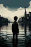 Placeholder: Art poster for a book about the city of Geneva. Dystopian fiction. No words. A 20 year old male is standing in the lake. He has dark messy hair.