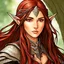 Placeholder: A confident high elven woman adventurer with long brown hair, intense red eyes, colored manga style, fantasy setting, intricately detailed