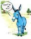 Placeholder: 3D Sketch style, ink, modern aesthetic, elegant and abstract image of a blue, anthropomorphic donkey, with big ears, with a speech bubble that says "Don't be an ass!". The donkey is standing in a lush green field with some trees.