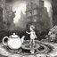 Placeholder: A teapot is shining and a laughing child is looking at it. The child’s image is reflected inside the teapot and behind the child is the reflection of a destroyed city.