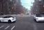Placeholder: A Tesla 'Model Y' is racing at top speed, near the 'Pier 11' in Manhattan. (CINEMATIC, WIDE ANGLE LENS, PHOTO REAL)