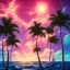 Placeholder: 1980's vaporwave aesthetic palm trees with lightning with solar eclipse in the ocean waves sunset