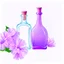 Placeholder: draw a bottle on a beautiful delicate background, delicate purple flowers are blurred in the background, top view