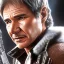 Placeholder: 8k hyperspace background,complete and photo realistic detailed head to waist stunning, extrem photo realistic portrait of harrison ford as han solo in star wars with short lenght, photo realistic hair, brown eyes, professional painting by drew struzan, trending on artstation, Sharp focus, weathered skin,space jacket from star wars
