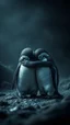 Placeholder: ,surrealism of the dark of a nightmare , hyper photorealistic, hyper detailed bright art color, high resolution, fog, octane render, tilt shift, HDRI Environment, all pictures dark gray, 2 sad penguins hugging each others