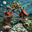 Placeholder: Photograph hasselblad h6d400c --ar 85:128 --v 6.0 of a fairy old bridge, tree, old bewitched house, made of felt, art, 3d deep field, Joan Miró, wide angle landscape scene, galaxies, creepy, needlepoint, abstract silhoutte, expressionist style, colorful holiday