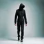 Placeholder: man in black jumpsuit with obscured face walking to the side sideways left