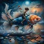 Placeholder: dreamlike, Esao Andrews-esque scene where a barefoot boy in tattered overalls rides atop a colossal, iridescent koi fish through a surreal twilight lagoon, his arms wrapped around the fish's sleek, glistening body as if it were a trusty steed. The fish's scales shimmer with impossible huespearlescent blues melting into burnt orangeswhile its fins fan out like delicate silk banners torn from some celestial tapestry. Around them, the water refracts into liquid prisms, distorting reflections of gna