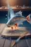 Placeholder: a 3d rendering of a beautifull genious fish with hands and fingers, down in the sparkly water, producing a wooden table and a big knife