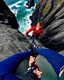 Placeholder: from the point of view of a rock climber, look down at the ocean rocks below as you climb high into the bluffs of ireland. holding on to the cliff face, the ocean below storms and swirls around a giant whirlpool