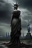 Placeholder: the statue of liberty, dress dirty and torn, her face solemn and terse, her head hanging in defeat, shoulders slumped, trash littered at her feet, she's holding a crumpled american flag as she walks away, back to the viewer, under a dark and dreary sky