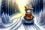 Placeholder: Cute little happy cat scarecrow riding a luxury car, forest path background, winter, snowflakes swirling, waterfall, reflection, mist, sunrise, smooth intricate photorealistic hyperrealistic high definition beautiful lighting pencil sketch watercolor dramatic lighting storybook illustration polished Deep shadows deep color warm light shiny glitters
