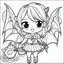 Placeholder: create a 2d black outline, " kawaii devil girl with bat wings coloring book for kids", coloring page, low details design, black contour, coloring page design, colorful , card style, coloring page for kids, halloween backgorund,sketch style,