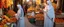 Placeholder: A full-length Palestinian girl wearing an embroidered dress and a white embroidered shawl buys oranges from an old seller wearing a keffiyeh in the market of Jerusalem, 100 years ago, at night with multi-colored lights reflecting on her.