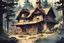 Placeholder: retro anime style, full color, dark serious 1980s anime style, A western cottage in the forest, watercolor, forest,