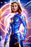 Placeholder: cosmic young woman admiral from the future, one fine whole face, large cosmic forehead, crystalline skin, expressive blue eyes, blue hair, smiling lips, very nice smile, costume pleiadian, rainbow ufo, Beautiful tall woman pleiadian Galactic commander, ship, perfect datailed golden galactic suit, high rank, long blond hair