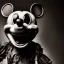 Placeholder: Rotting corpse zombie who is mickey mouse smiling, evil, arms forward like a mummy, fangs, sharp focus