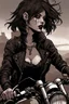 Placeholder: scarred vampire girl showing fangs with short cropped cyberpunk hair riding a black cafe racer motorcycle in a post apocalyptic wasteland at dusk