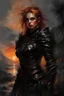 Placeholder: A formidable warrior girl in black armor, on the background Amazing gloomy landscape, flooded with sunset, mountains, trees, fabulous scary hero, , juicy emotions, painting, dark fantasy, gloomy day, dark world, portrait, by Anna Razumovskaya