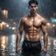 Placeholder: Hyper realistic Extremely Handsome shirtless with short black hair muscular man wearing black shirt getting wet in a rainy night