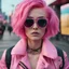 Placeholder: A woman with pink hair wearing sunglasses and a pink jacket, by Mike Winkelmann, still from alita, portrait of kim petras, yael shelbia, vibrant.-h 704, alternative reality mirrors, (aesthetics), chrome bob haircut, art station front page, terminals, shot with Sony Alpha a9 Il and Sony FE 200-600mm f/5.6-6.3 G OSS lens, natural ligh, hyper realistic photograph, ultra detailed -ar 1:1 —q 2 -s 750)