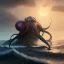 Placeholder: franz frazetta style, kraken on the sea, sunrise, open seas, primordial