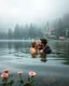 Placeholder: Portrait Romantic European couple swimming kissing together in lake Wonderful landscape fantasy early morning heavy fog photography art Rivendell village,lake,magical forest and houses,beautiful mushrooms,roses flowers,little waterfall,lake,close up photo beautiful romance couples on swimming together in lake