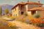 Placeholder: sunny day, mountains, trees, dirt road, flowers, spring, countryside, adobe house, wilfrid de glehn and rodolphe wytsman impressionism paintings