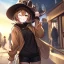 Placeholder: Clear focus, High resolution, short brown spiky hair, hair between eyes, eyes closed, wearing a brown detective hat, wearing a brown jacket and a black shirt, wearing black shorts, 1girl, pulling hat down, smiling, wearing a oversized hoodie