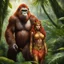 Placeholder: Two characters in the heart of the rainforest: the majestic female orangutang Queen, half woman, half monkey. Her fiery auburn hair and her diadem shimmered in the light while her wise amber eyes met her muscular bodyguard gaze with a mixture of curiosity and wisdom. The Queen exuded an aura of grace and command.