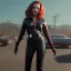 Placeholder: retro sci-fi portrait image from 1960, supermarket parking explosion, fire, classic black widow, young Scarlett Johansson, classic black tight lycra latex suit, retro superhero style, soft color, highly detailed, unreal engine 5, ray tracing, RTX, lumen lighting, ultra detail, volumetric lighting, 3d, finely drawn, high definition, high resolution.