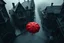 Placeholder: top-down view of a grayscale wet city street with old tall haunted houses, rain, one red umbrella lies down on the street, surreal style, dark mood