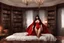 Placeholder: photorealistic Vampirella in a bedroom with wooden furniture, bookcases and opulence