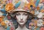 Placeholder: Surreal artwork 3D colorful detailed paper patchwork of a portrait of a woman with a hat and flowers and feathers, made exclusively of flowers and dandelions Beautiful ornaments style by Kathryn Abel, Stephen Gibb, Ernst Hackel, sharp quality, high definition The woman has the most beautiful eyes and facial expression, The eyes are detailed in a human-like way, stunning, mesmerizing, visionary art + still life + figurative art, mesmerizing motifs, a collection of different flowers, blossoms, a