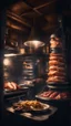 Placeholder: Si-Fi, The permanent under atmospheric lighting effects, , Shawarma cooking place where meat stacked in a cone-like shape on a vertical rotisserie.intricate historical moody atmosphere, eerie grimdark ambiance, complex motherboard accents, speculative fiction art. Bokeh