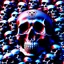 Placeholder: a picture of a dark, comedic, anatomically correct wall of red white and blue tightly packed stacked cyborg skulls of varying sizes and expressions, photo realistic, insanely meticulous, highly detailed, part of a collection of bones on display, 64k, dystopian, vray