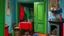 Placeholder: The image is a painting of a small room with a fireplace. The room has a green wall with a red door and a window on the left side. On the right side of the room, there is a small table with a blue tablecloth and various objects on it. Above the table, there are colorful clothes hanging on a clothesline. The fireplace is made of stone and has a chimney on top. There is a window above the fireplace with a view of the outside. The floor is covered with a light-colored carpet. The overall style of t